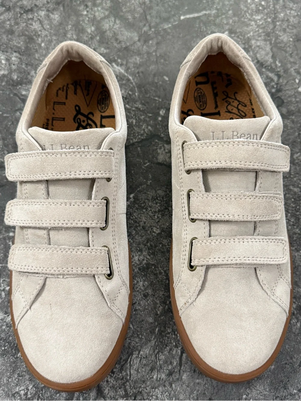L.L. Bean Eco Bay Suede Triple Hook & Loop Sneakers Gum Sole Lt Gray Sz 10